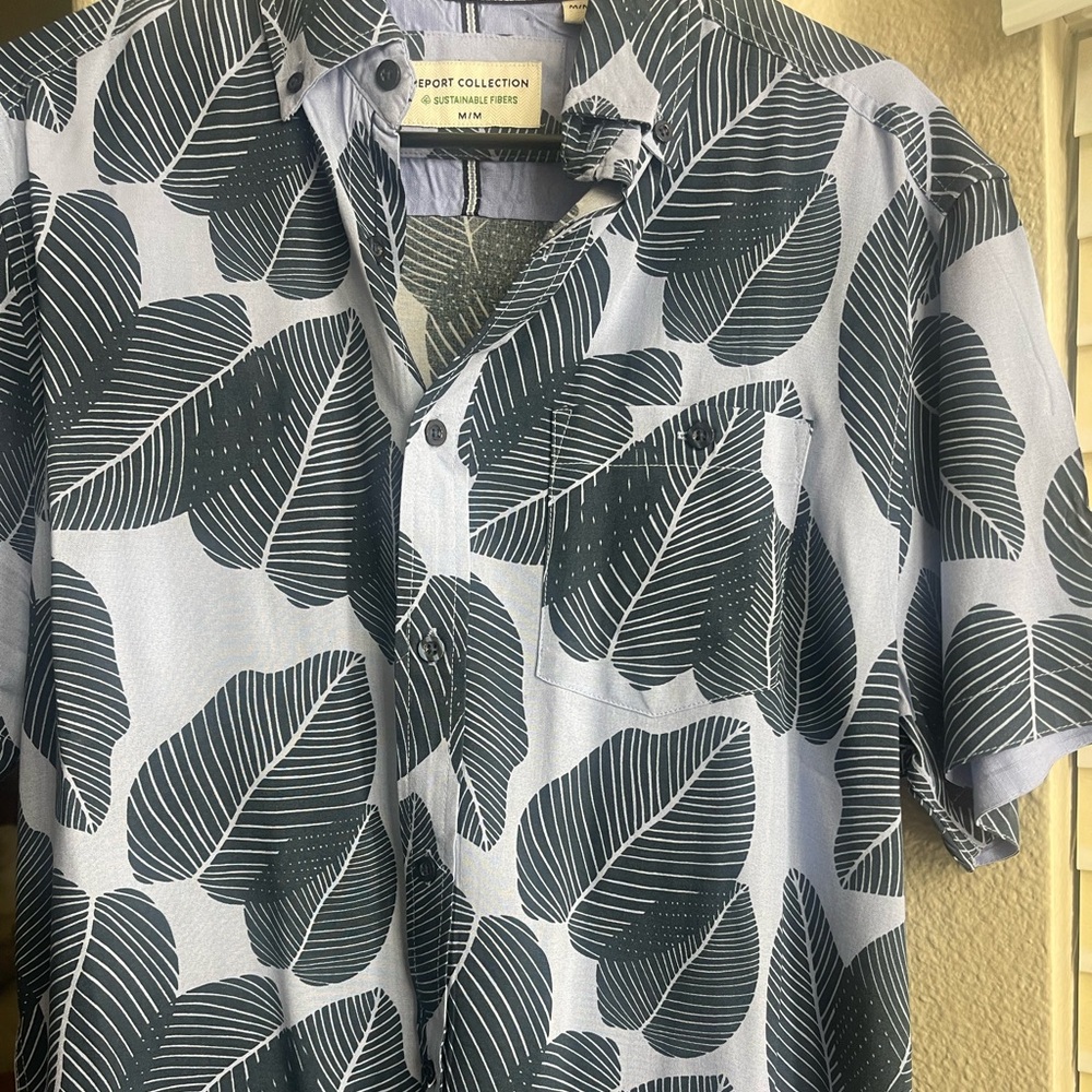 Report Collection Men's Leaf Print Shirt - Dark Green and Gray
